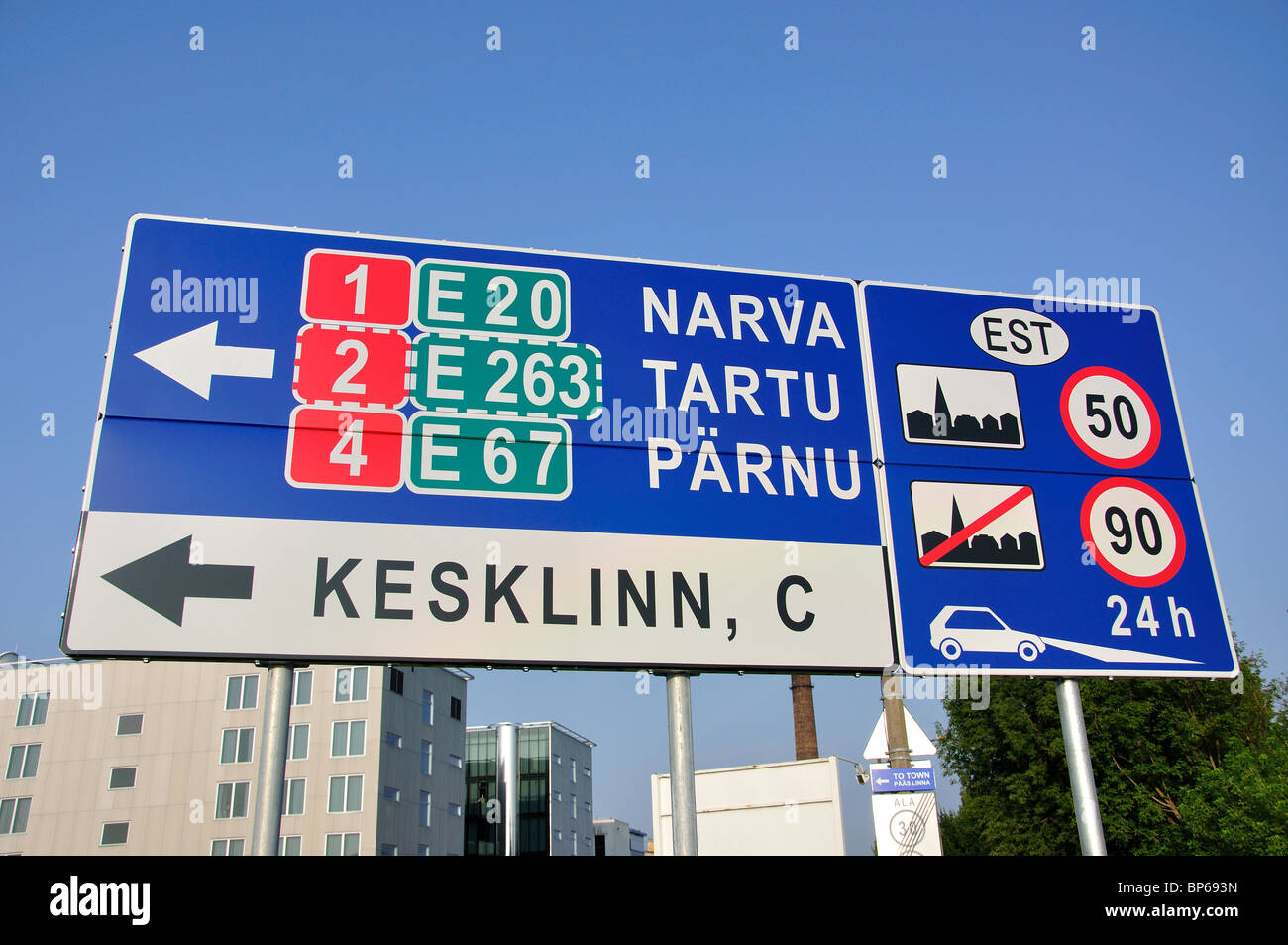 Motorway sign at port, Tallinn, Harju County, Republic of Estonia Stock Photo