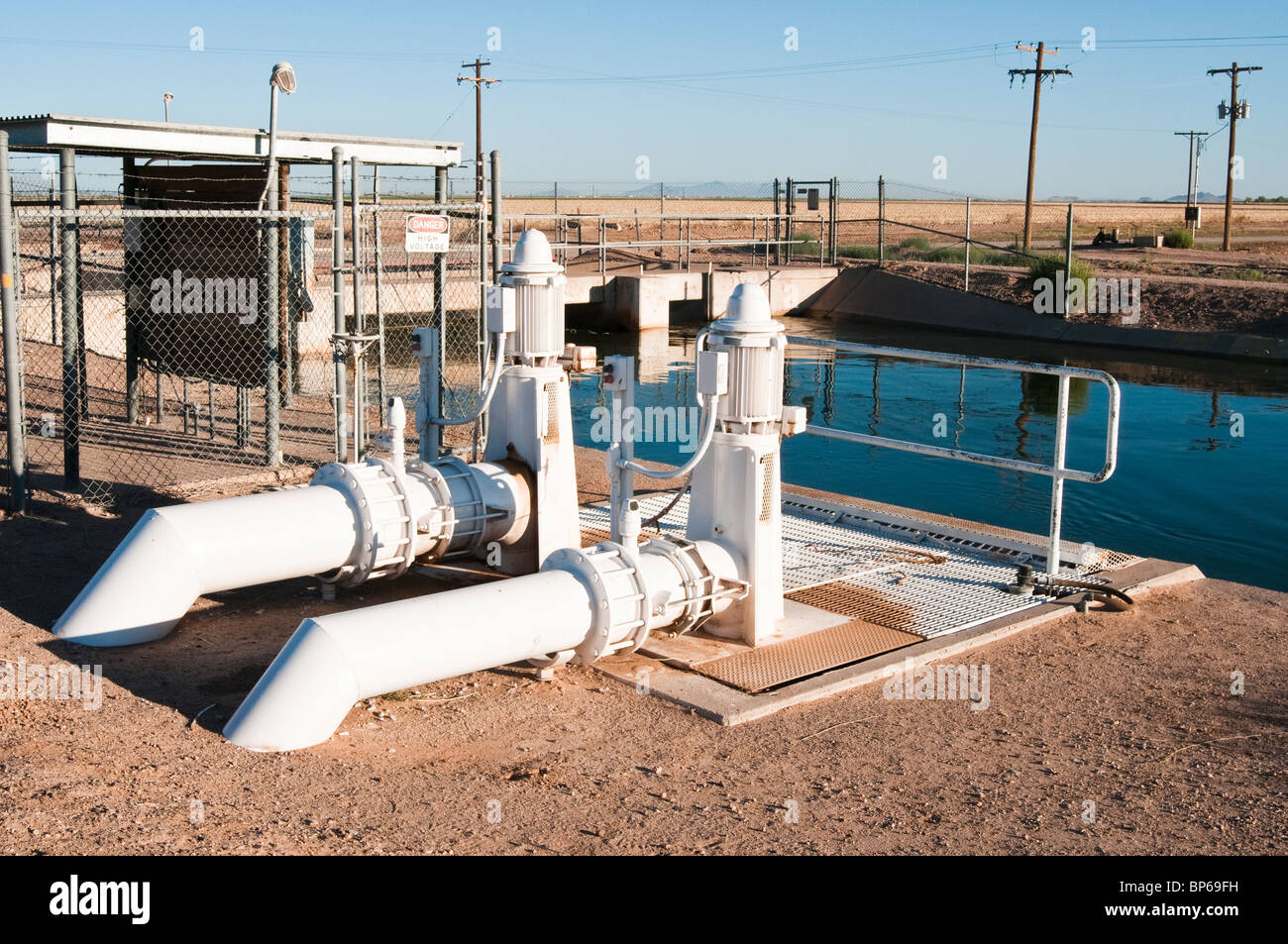 Electric pumps transfer water from the main irrigation canal in the