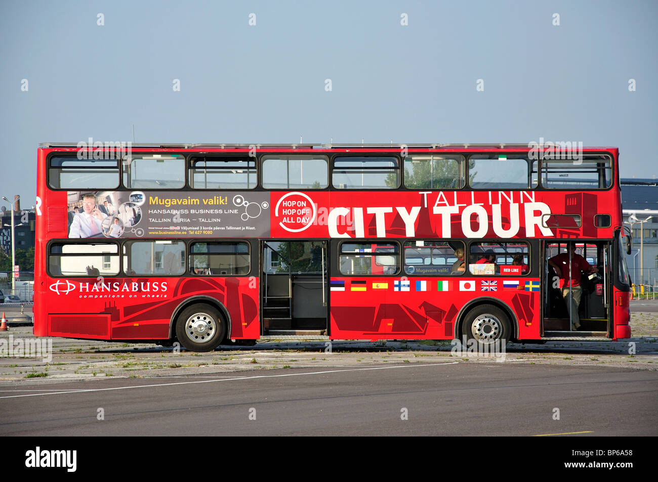 City Tour bus by port, Tallinn, Harju County, Republic of Estonia Stock Photo