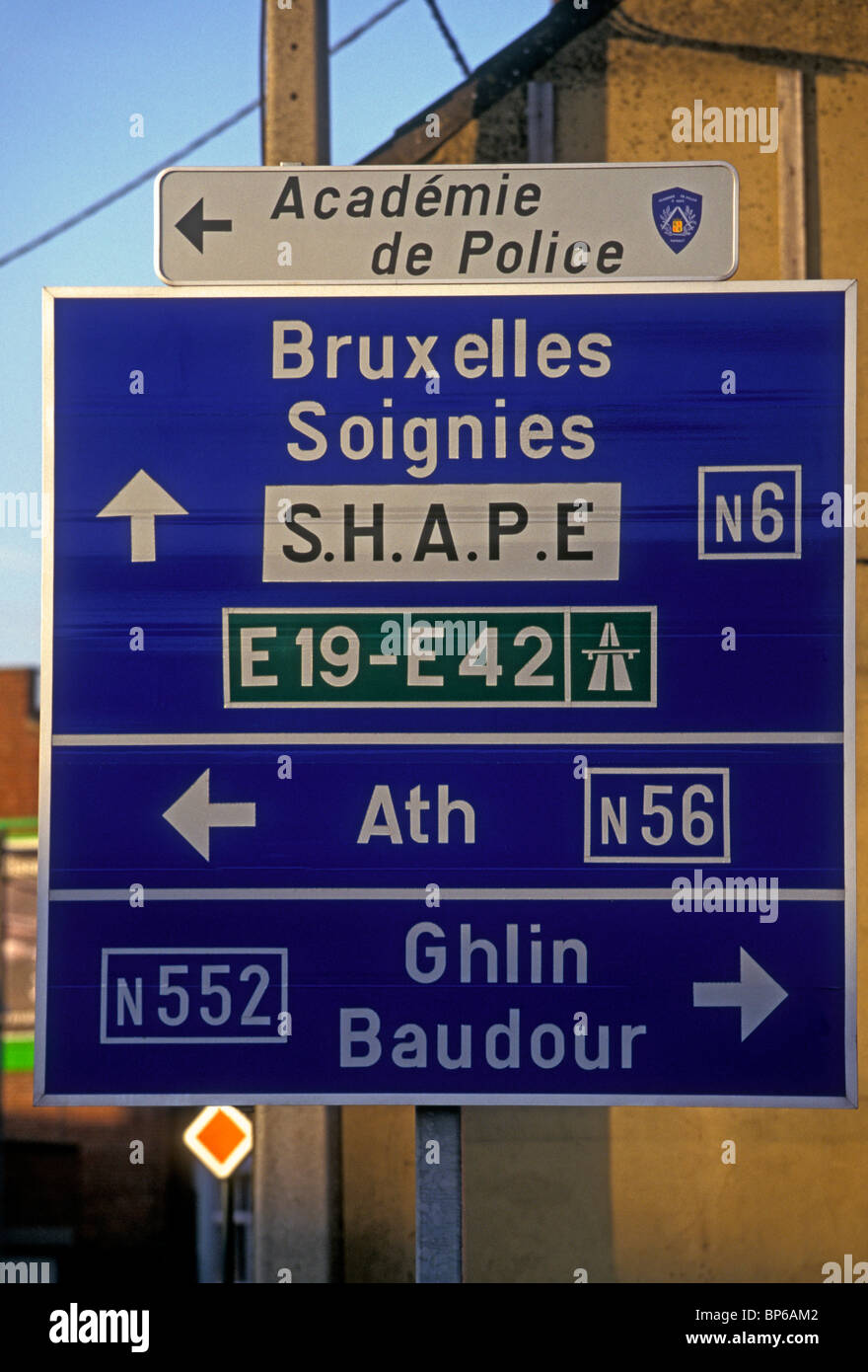 Traffic directional sign city of Nimy Walloon Region Belgium Europe Stock Photo