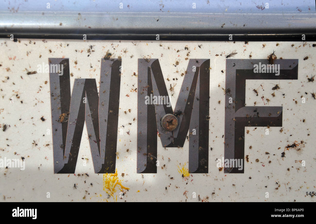 Section of a front car number / registration plate splattered with dead insects. Stock Photo