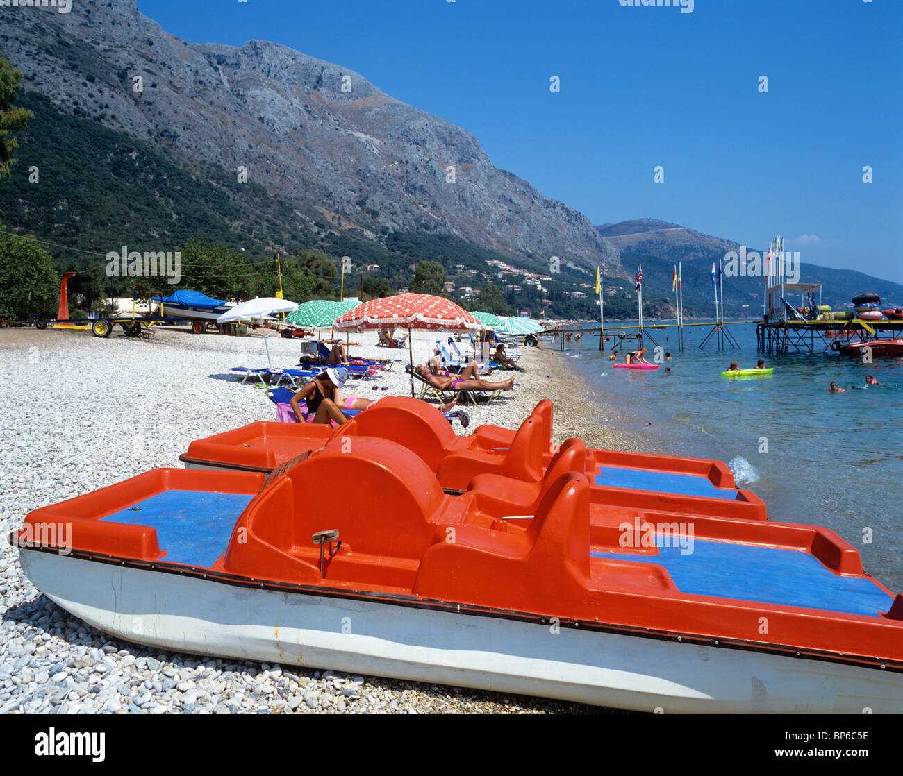 Corfu - Pedalos on the beach at the resort of Barbati Stock Photo