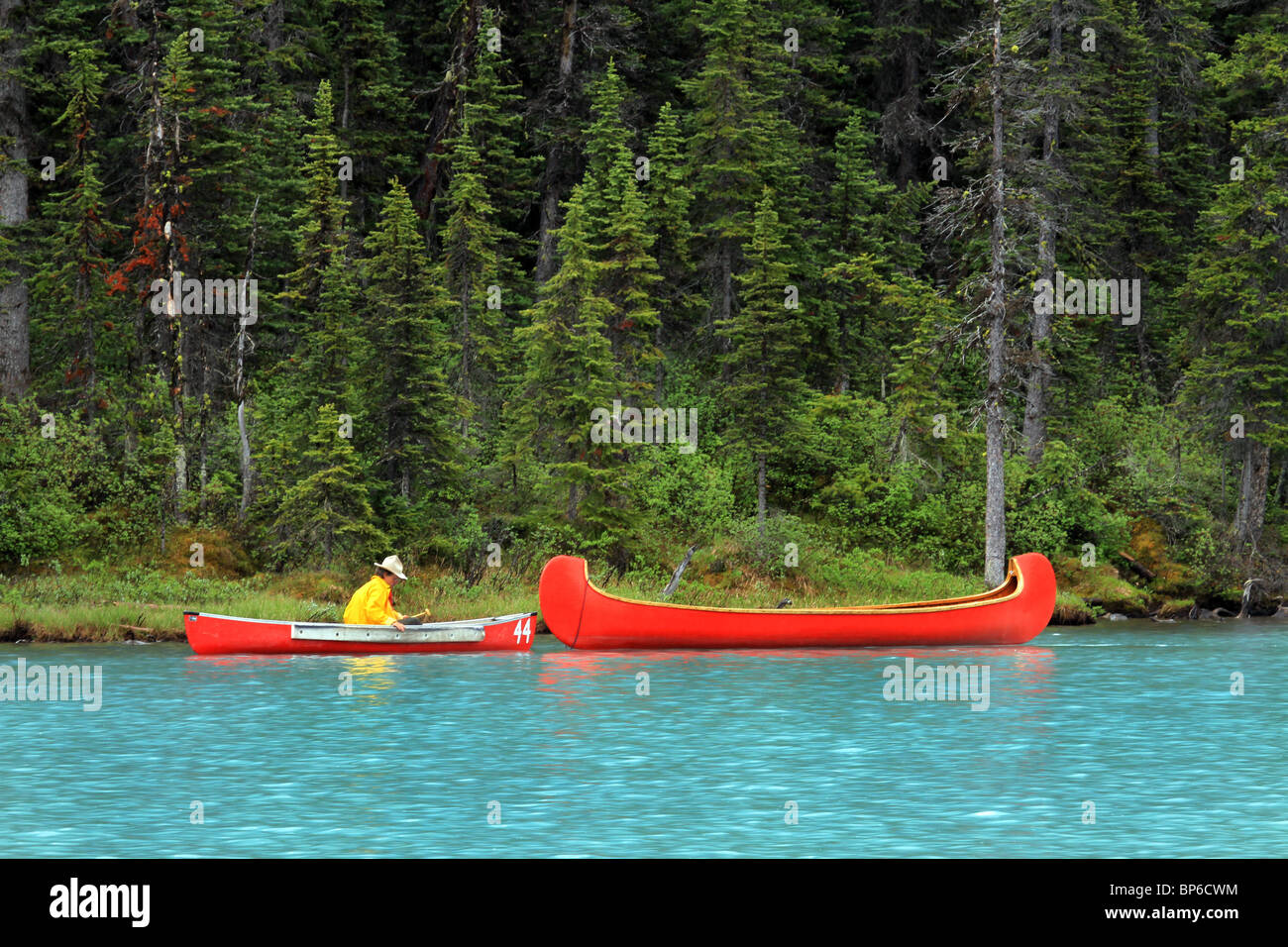 Canoes on mountain forest lake in Banff National Park, Canada. Bright