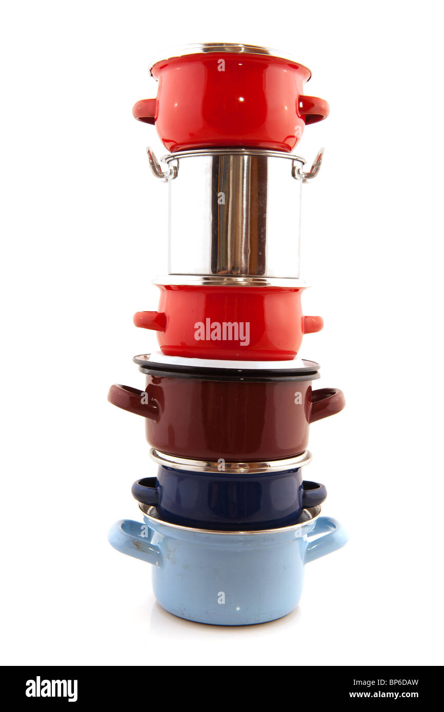 Big stack with pots and pans isolated over white Stock Photo Alamy
