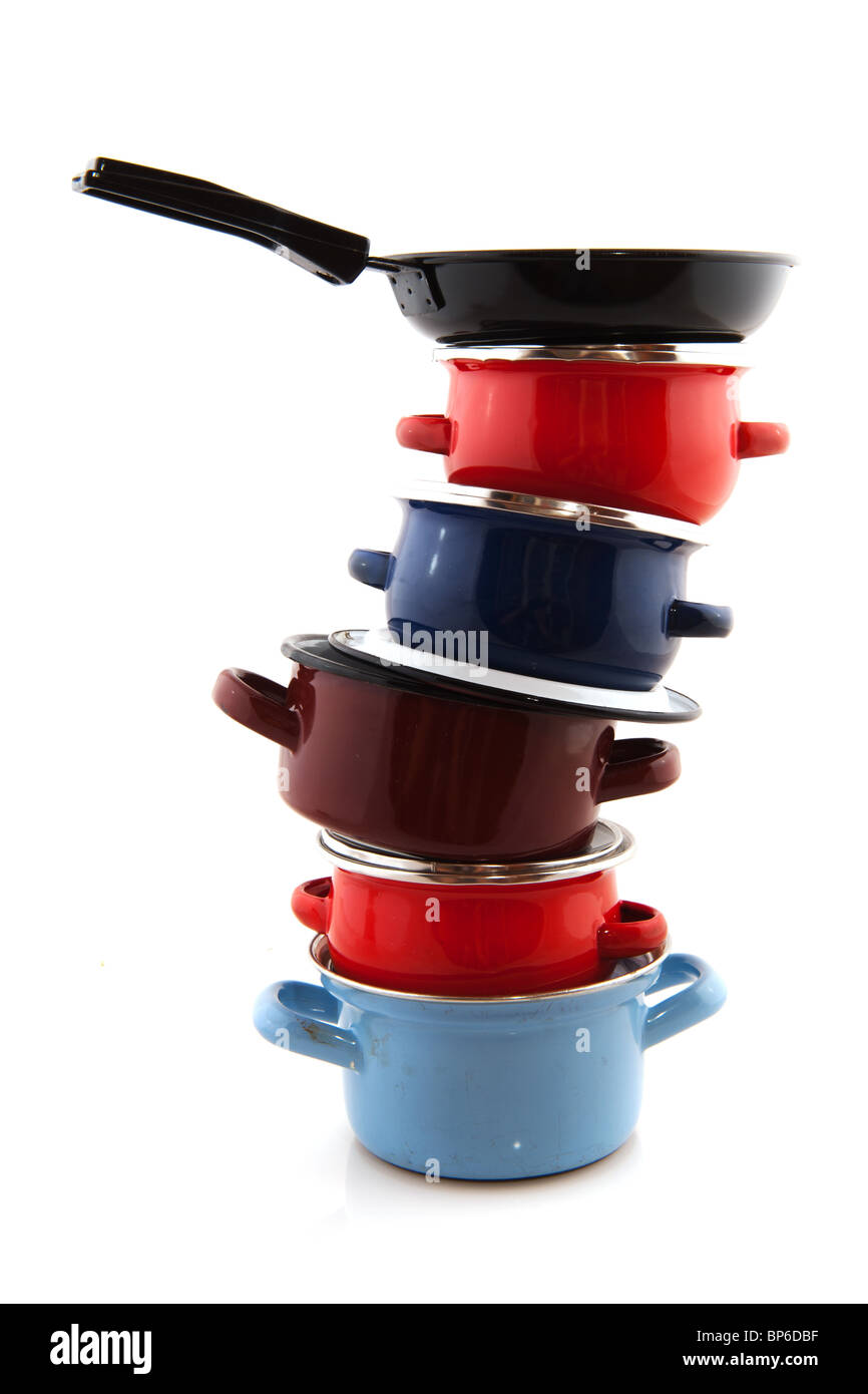 Big stack with pots and pans isolated over white Stock Photo Alamy