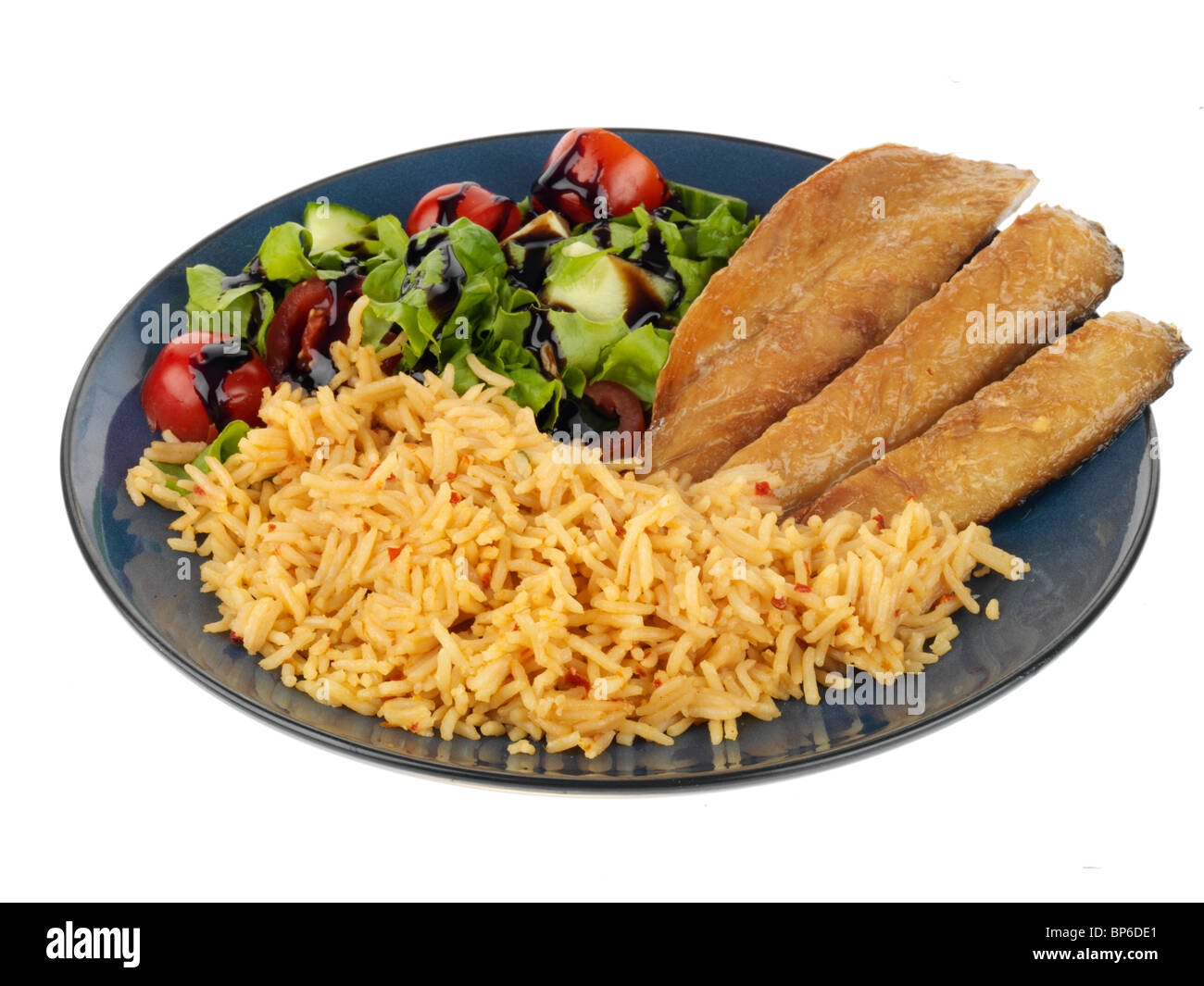 Smoked Mackerel with Salad and Rice Stock Photo