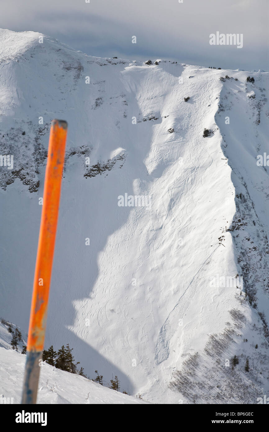 SKIING TRACKS, BLUFF, KANZELWAND, ALPS, ALLGAEU, BAVARIA, GERMANY Stock Photo