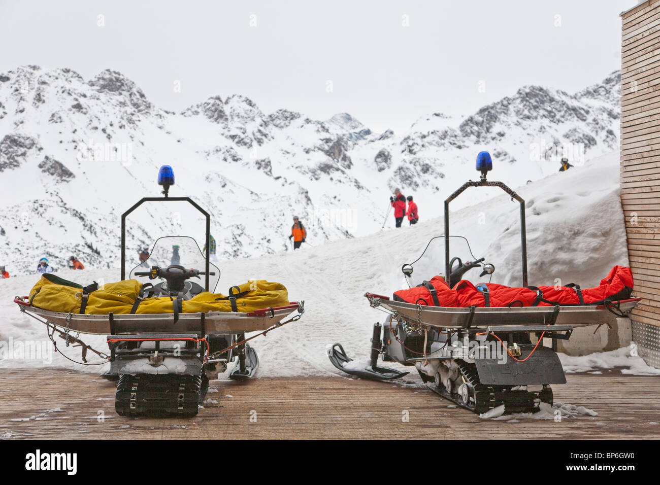 RESCUE SLEDGES, ALPINE RESCUE SERVICE, SKIING REGION AT FELLHORN MOUNTAIN, NEAR OBERSTDORF,  ALLGAEU REGION, BAVARIA, GERMANY Stock Photo