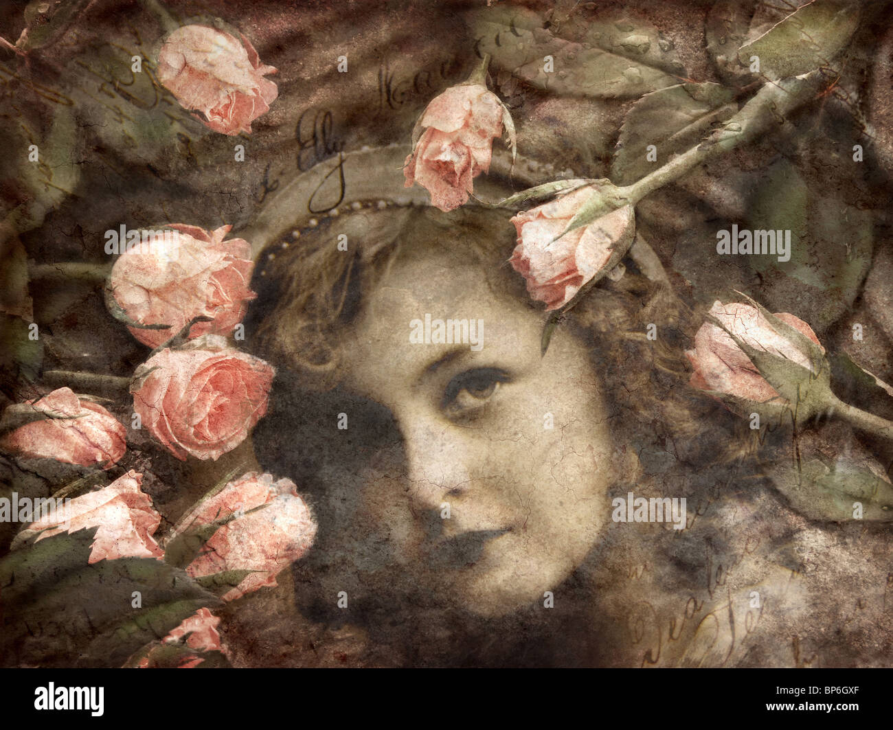 Grungy image of girl and roses Stock Photo