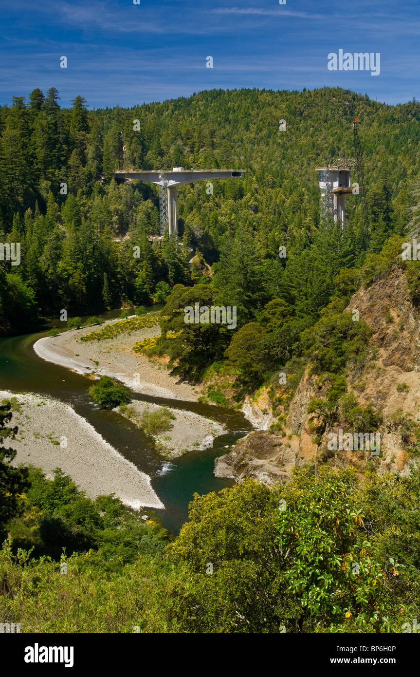 New Highway Bridge Bypass being constructed over the Eel River, near Leggett, Humboldt County, California Stock Photo