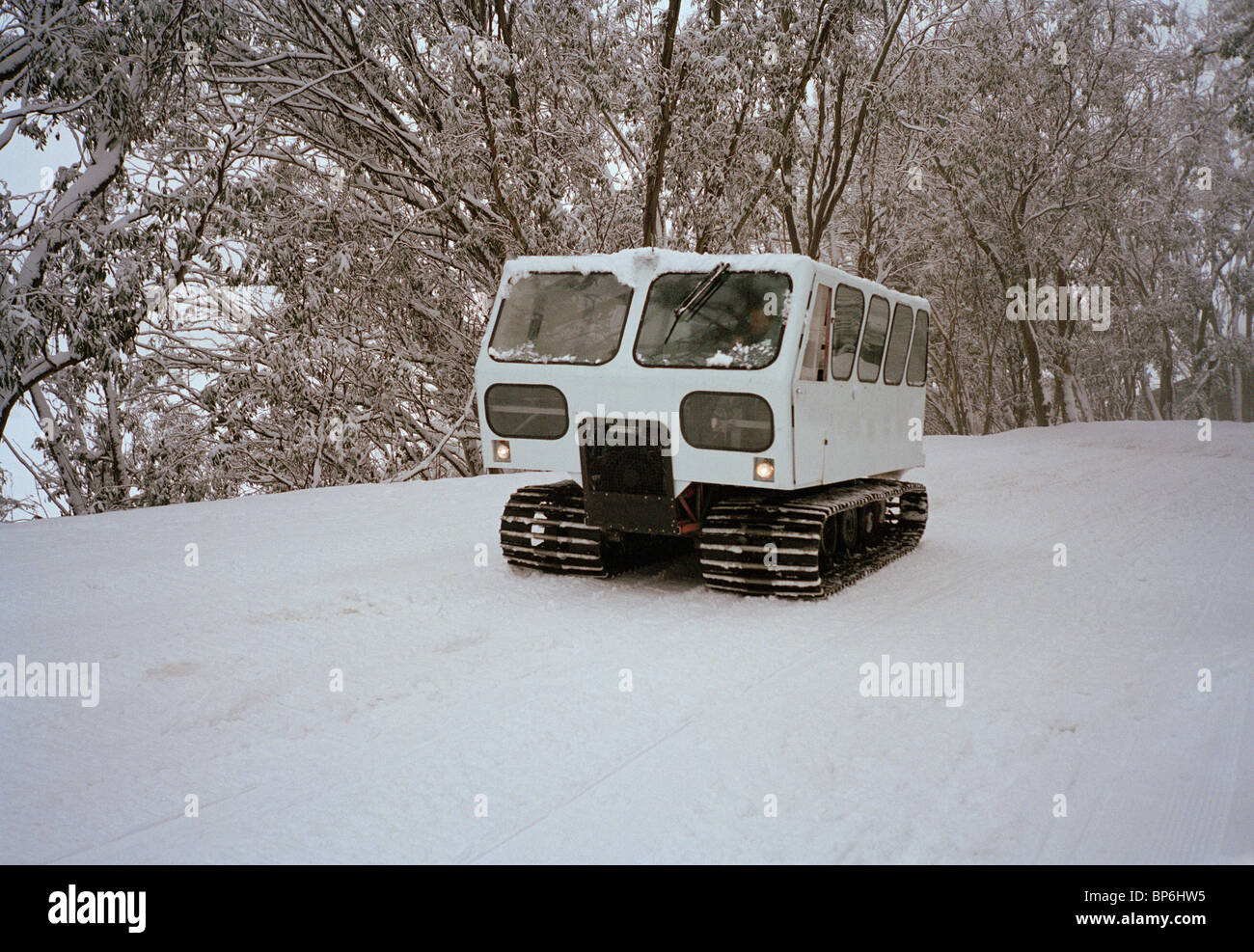 A tracked vehicle on a snowy road Stock Photo