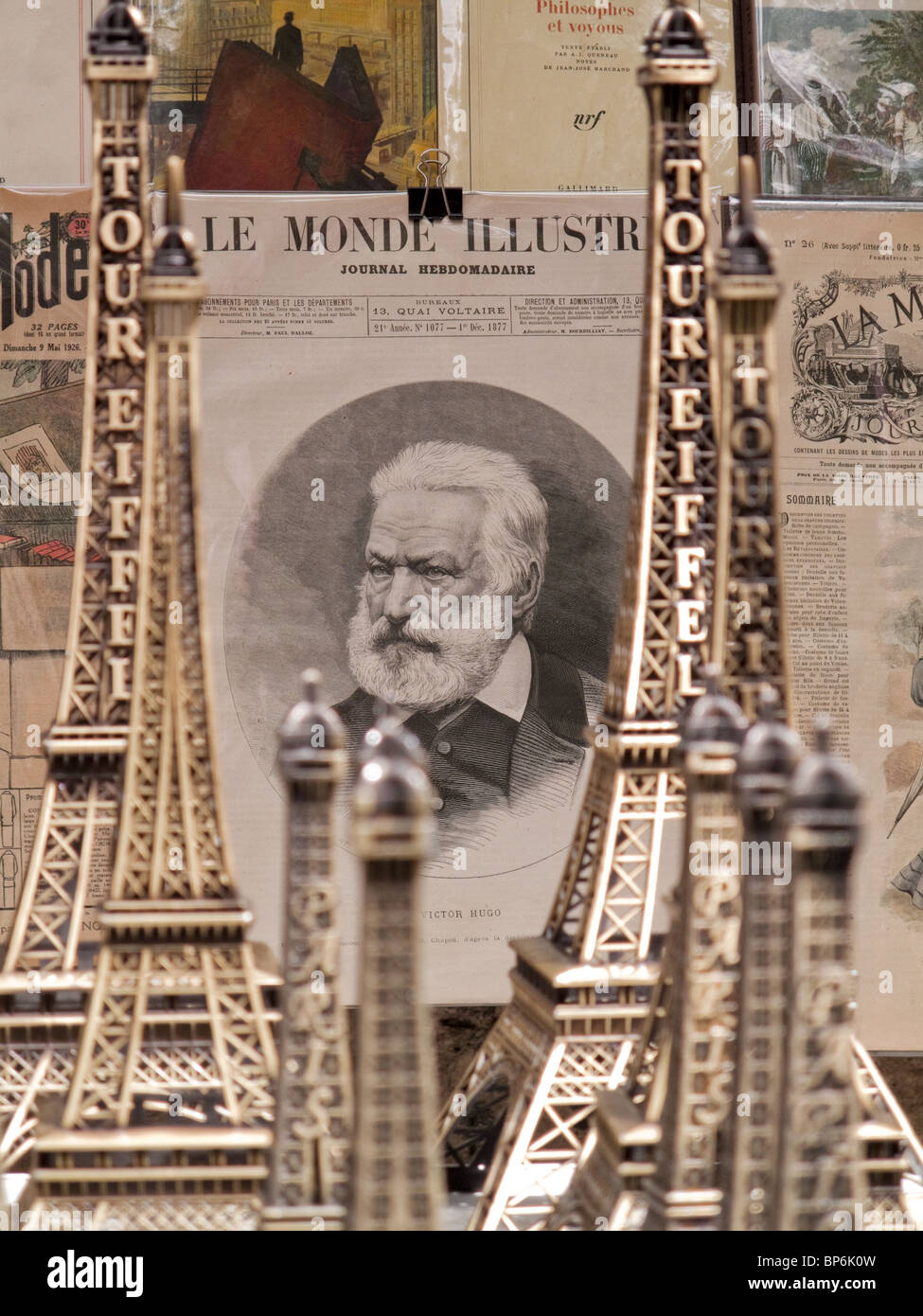 19th century French magazine cover with portrait of writer Victor Hugo and Eiffel Tower souvenirs Stock Photo