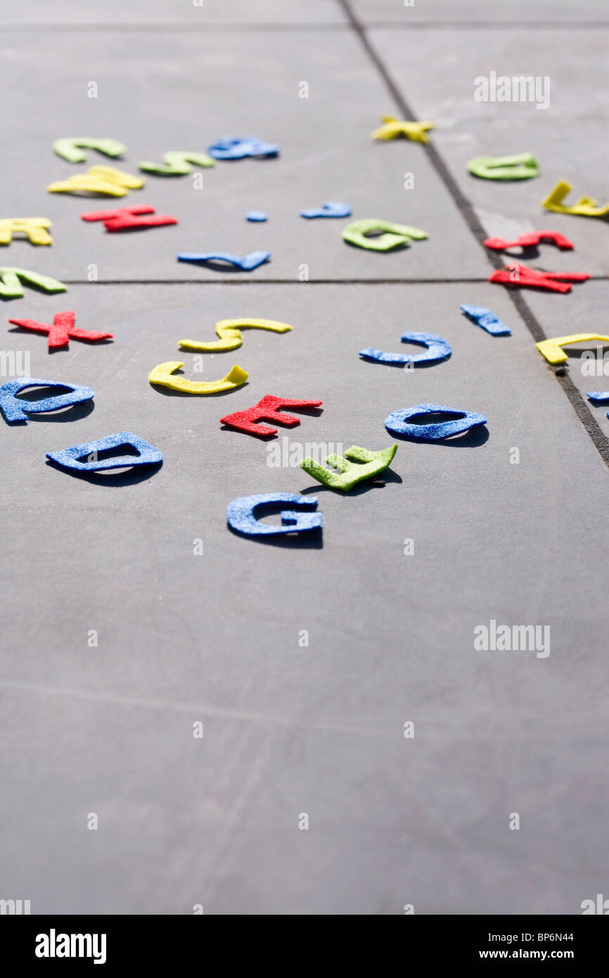 Detail of felt alphabet letters on the ground Stock Photo