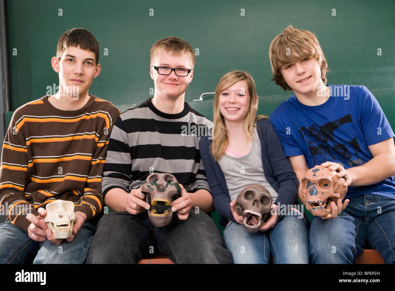Four students holding primate skulls in biology class, portrait Stock Photo