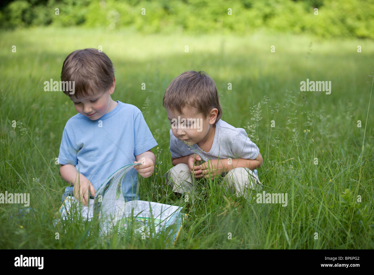 Two boys looking at a book in a field Stock Photo
