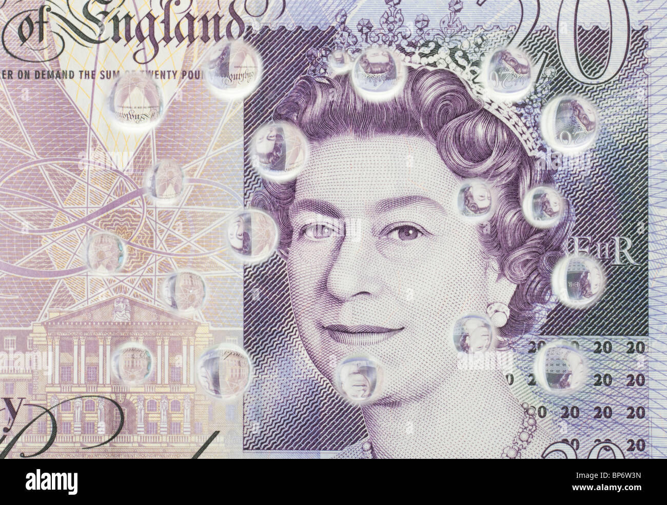water droplets reflecting on a twenty pound note in british currency stock photo alamy