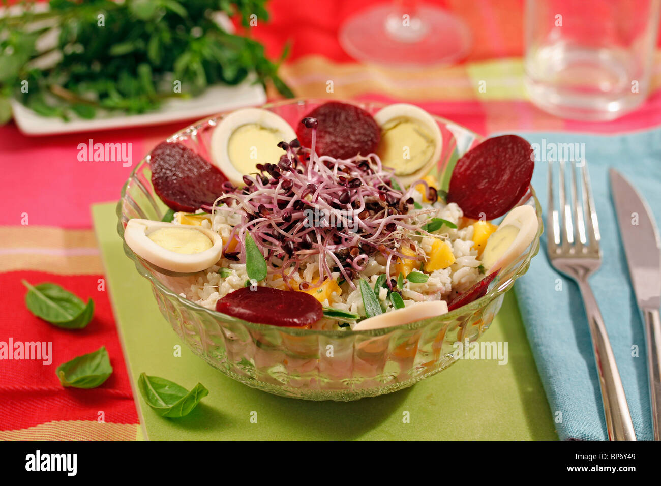 Rice salad with sprouts. Recipe available. Stock Photo