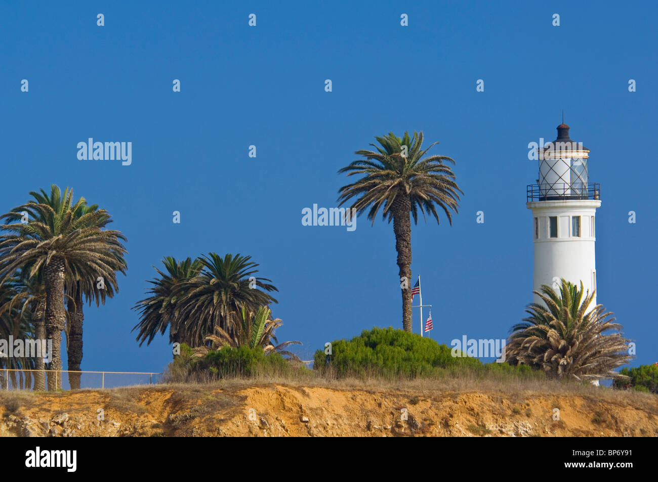 Point Vicente Lighthouse and palm tree, Point Vicente, Palos Verdes Peninsula, California  Stock Photo