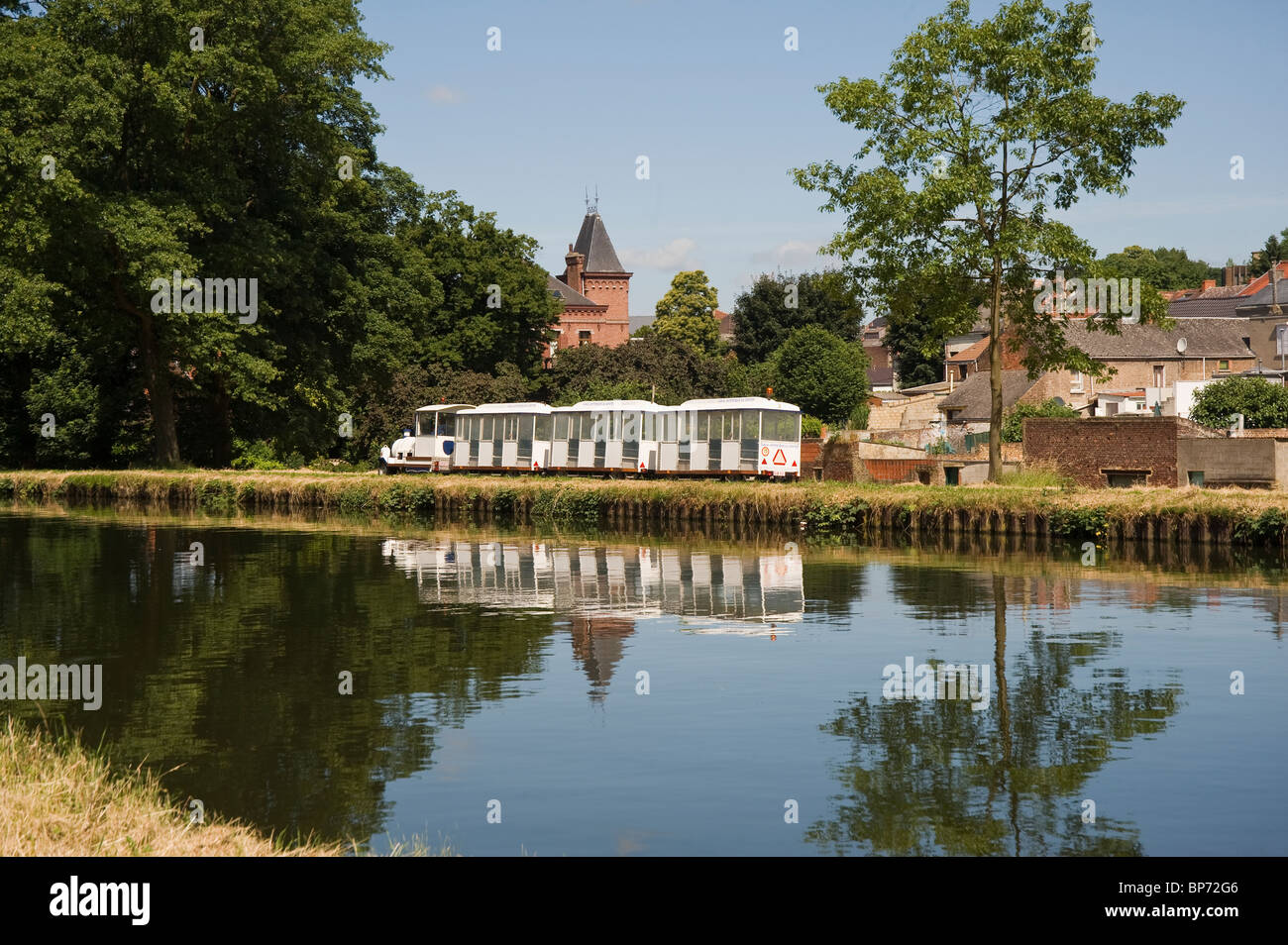 Canal du Centre, Tourist train, Houdeng Aimeries, Hainaut Province, Belgium Stock Photo