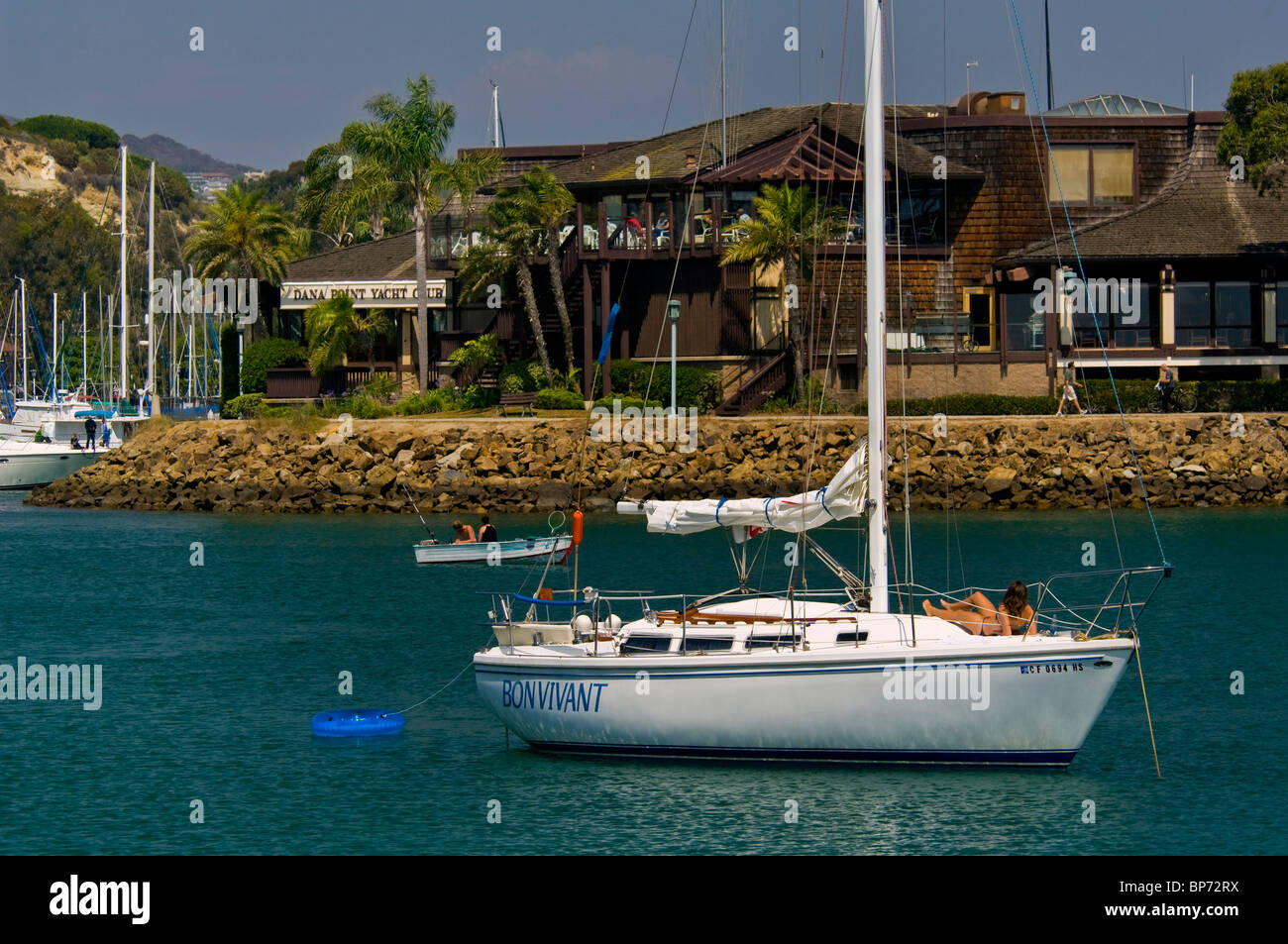 Sailboat anchored in front of the Dana Point Yacht Club, Dana Point