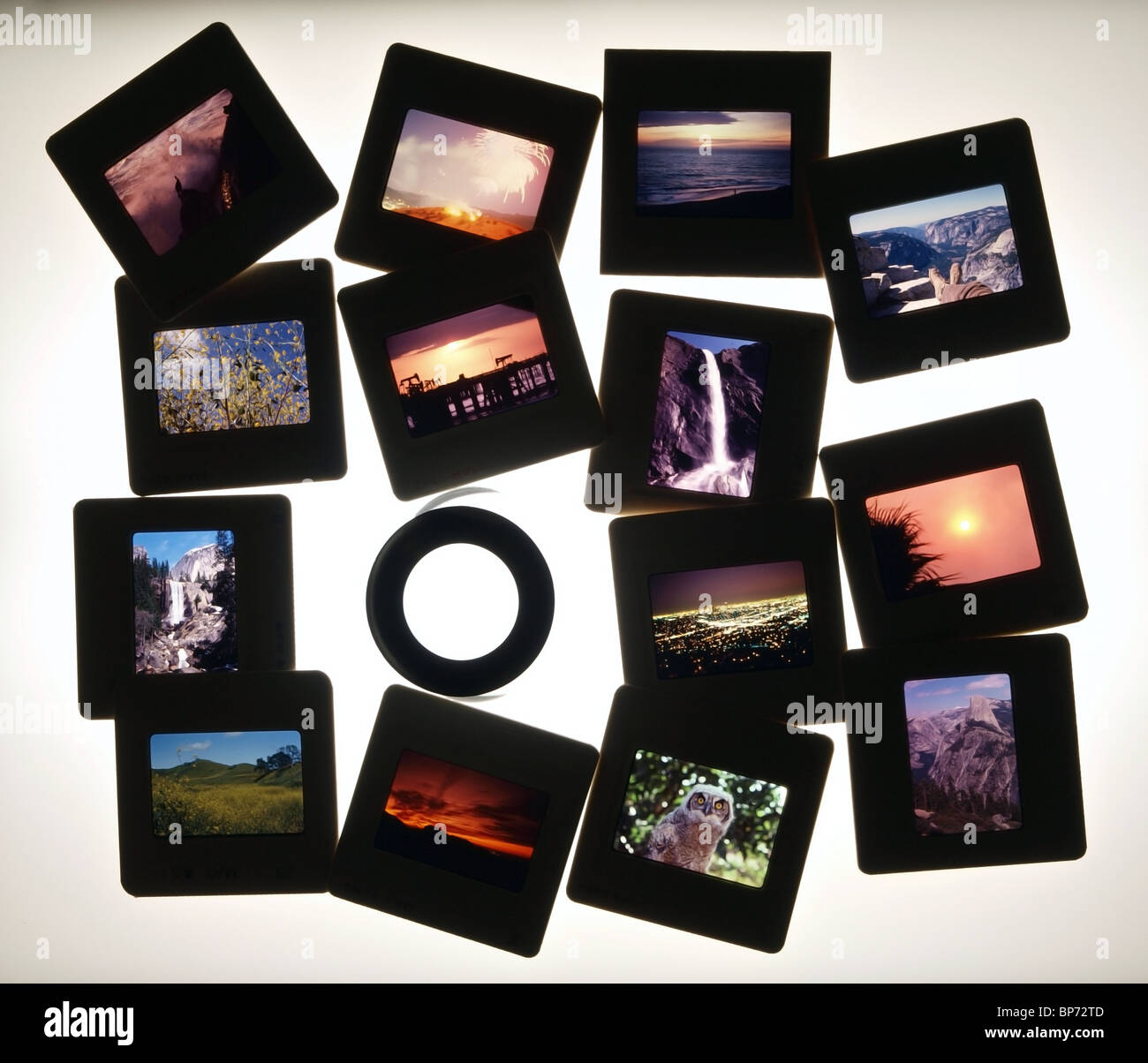 Colorful vintage slides on a light table. Note all slides were taken by the photographer. Stock Photo