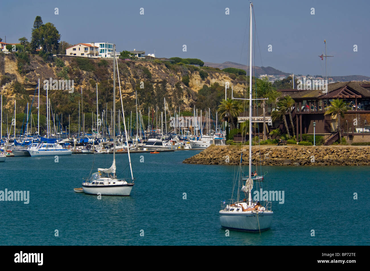 Sailboat anchored in front of the Dana Point Yacht Club, Dana Point