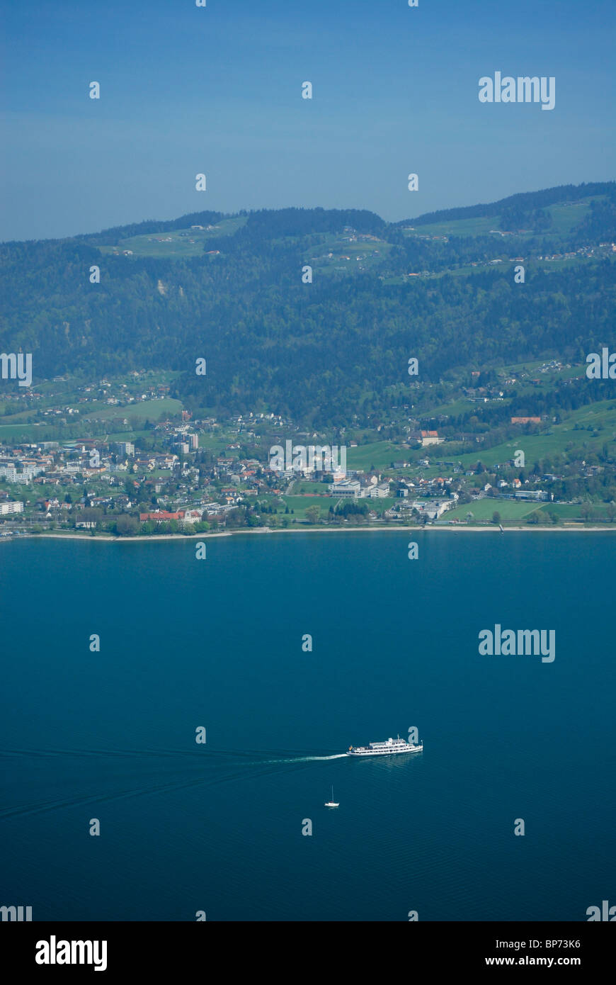 Aerial view from an airship dirigible Zeppelin NT of north Austrian coast of Constance lake (Bodensee), Lochau, Austria Stock Photo