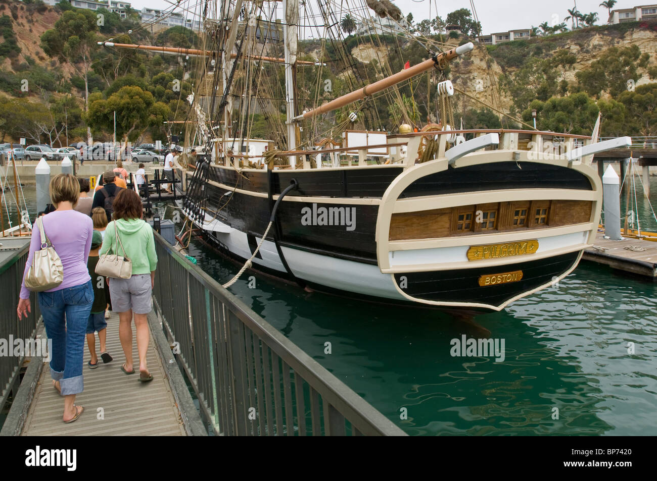 Tourists visiting The Pilgrim, tall ship docked at Dana Point Harbor
