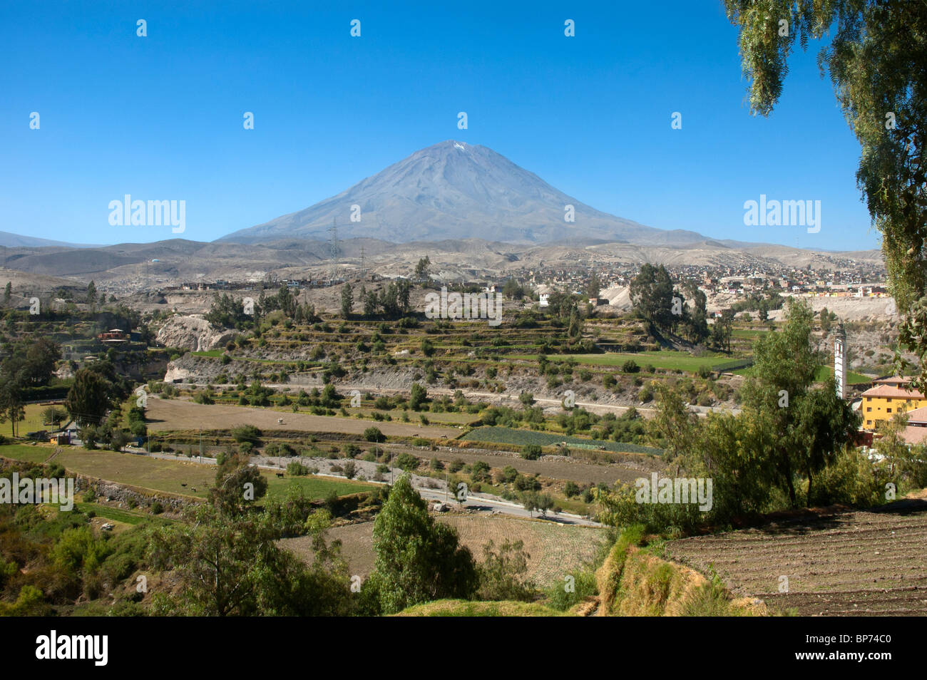 El Misti, volcano, in the distance over the suburbs of Arequipa, Peru. Stock Photo