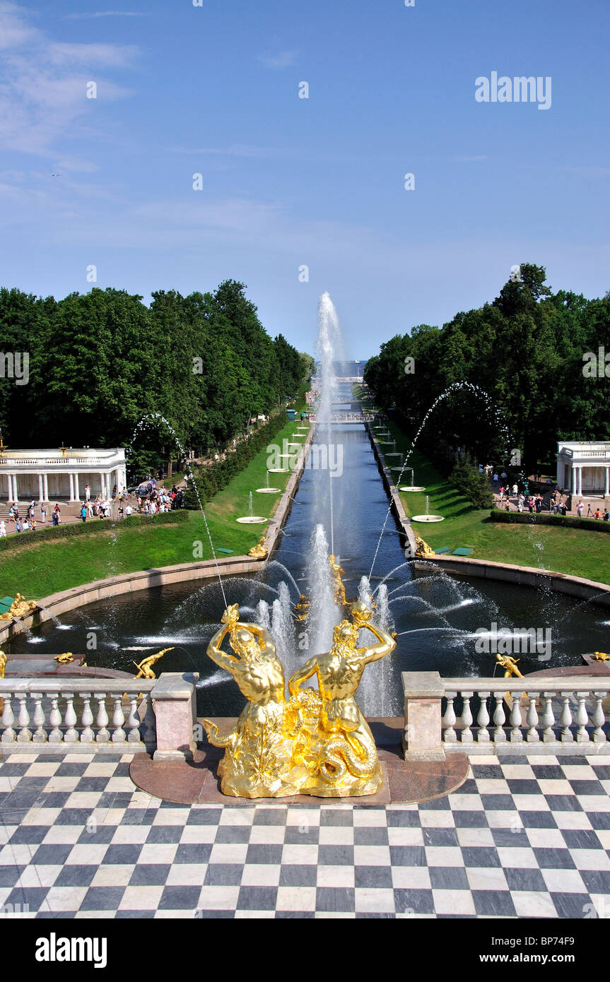 Samson Fountain and Lower Garden, Grand Peterhof Palace, Peterhof, Saint Petersburg, Northwestern Region, Russia Stock Photo