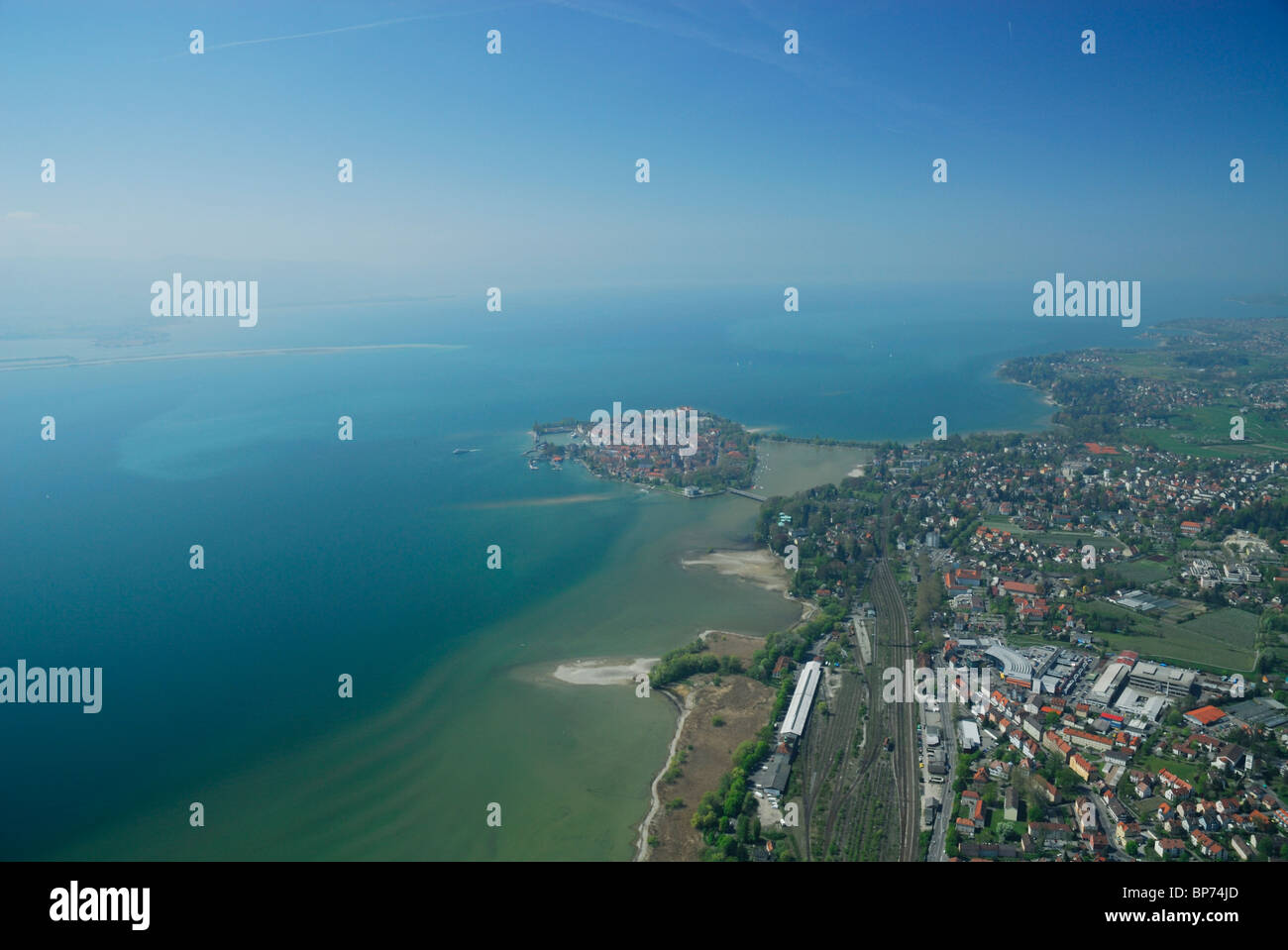 Aerial view from an airship dirigible Zeppelin NT of Lindau , Constance lake (Bodensee), Bavarian, Germany Stock Photo
