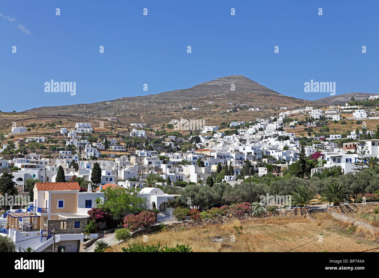 panoramic view of the mountain village Lefkes, Island of Paros, Cyclades, Aegean Islands, Greece Stock Photo