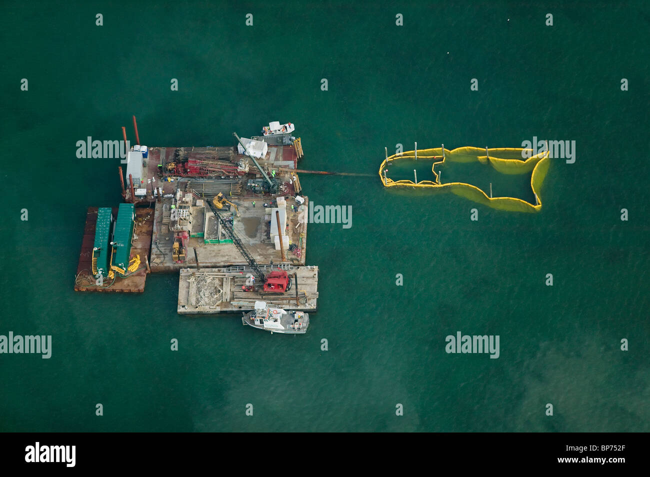 aerial view above working barges Biscayne Bay Florida Stock Photo