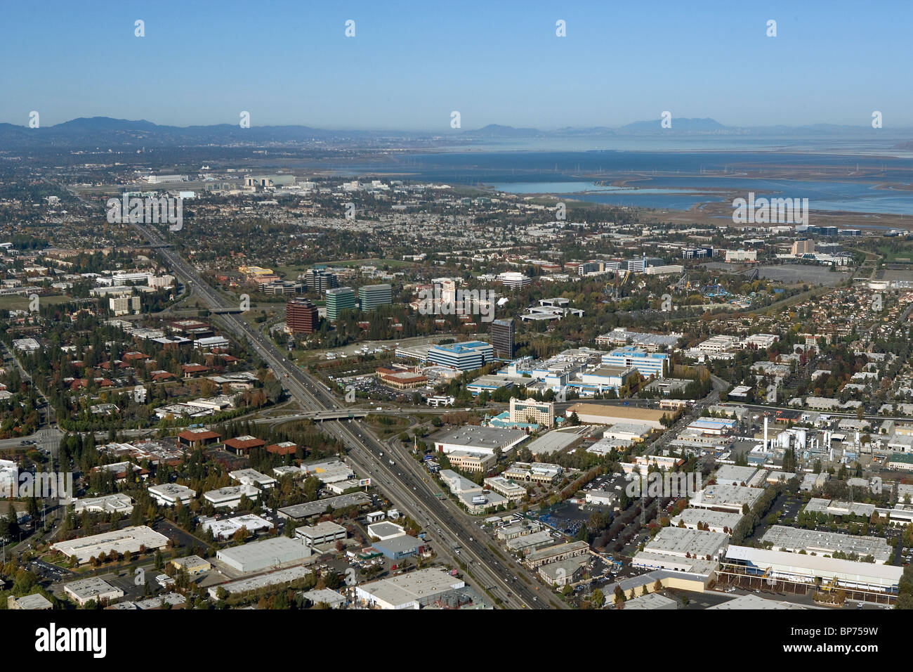 aerial view above Bayshore Freeway highway 101 San Jose Silicon Valley California Stock Photo