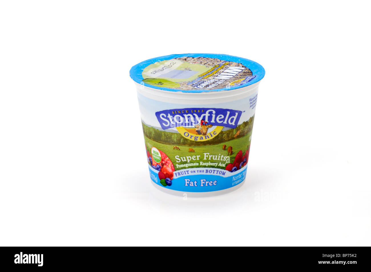 Single unopened container of Stonyfield Non-Fat  organic Yogurt on white background. Stock Photo