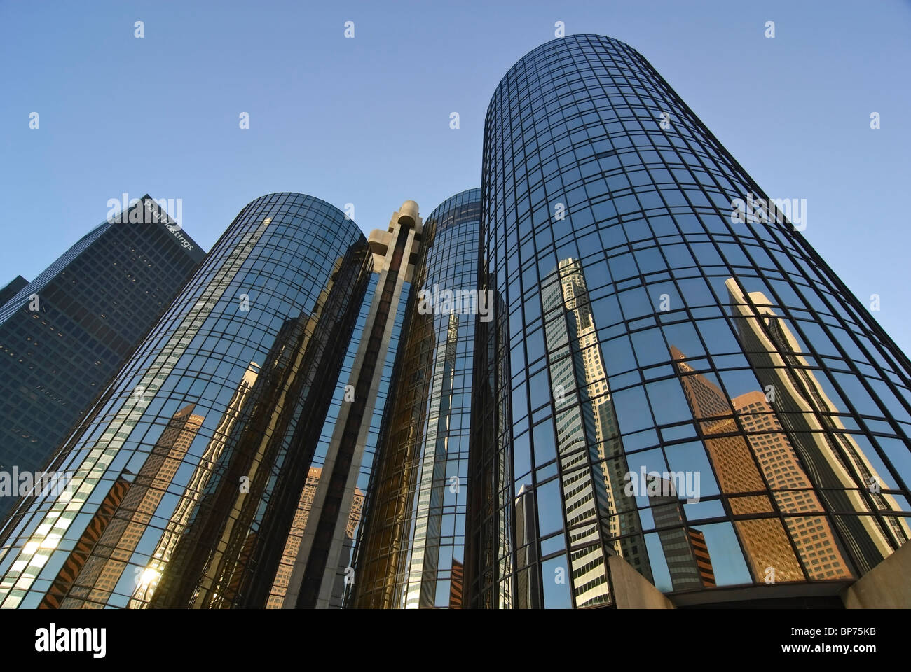 The Bonaventure Hotel reflecting the downtown Los Angeles skyscrapers. Stock Photo