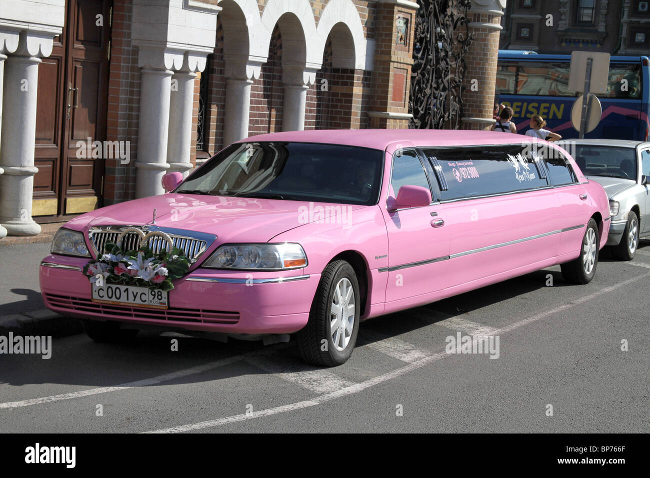 A pink stretch limousine car in St. Petersburg, Russia Stock Photo