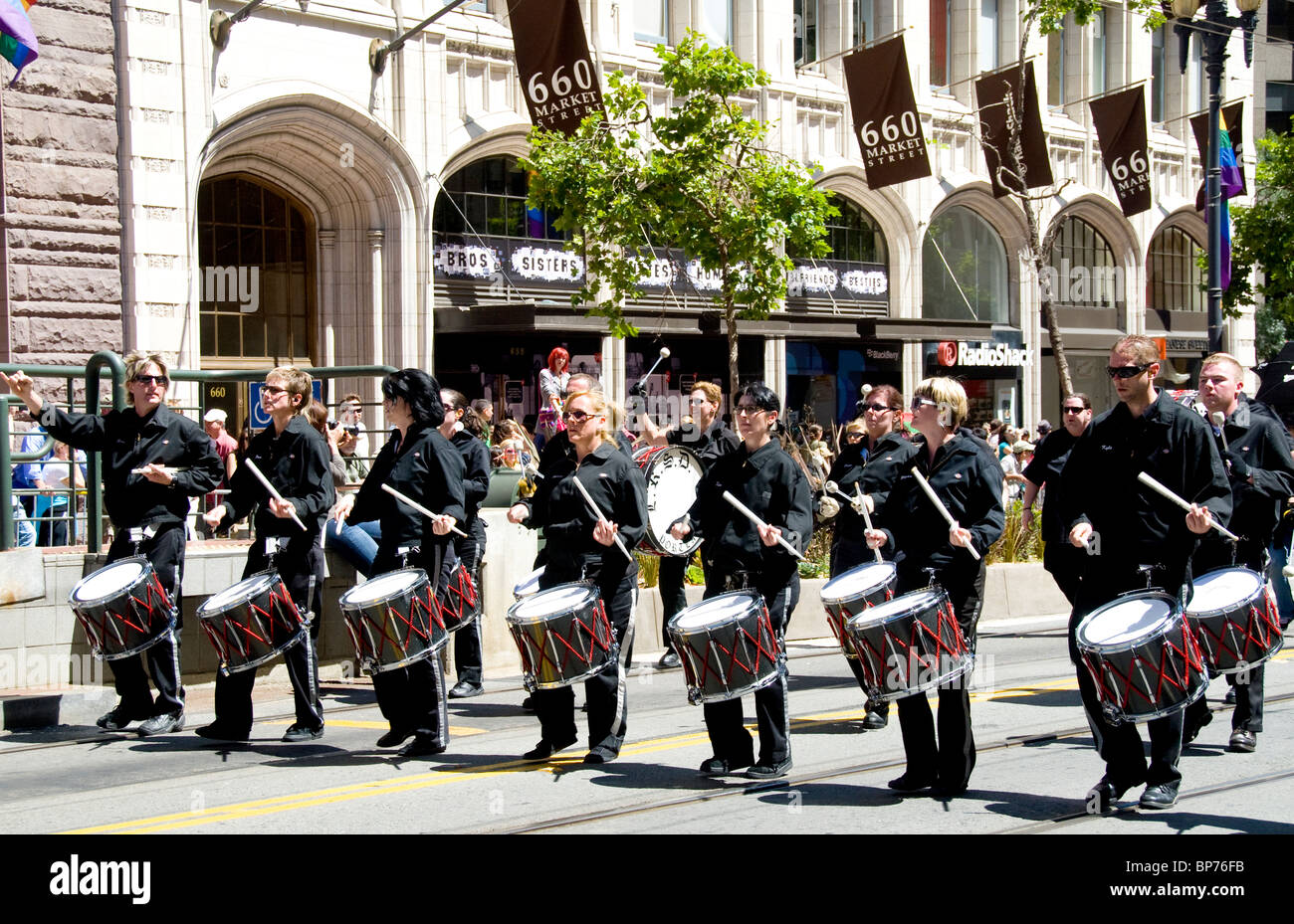 Lost Regiment Syncopated drummers at the Lesbian Gay Bisexual Transgender Pride Parade, San Francisco, California Stock Photo