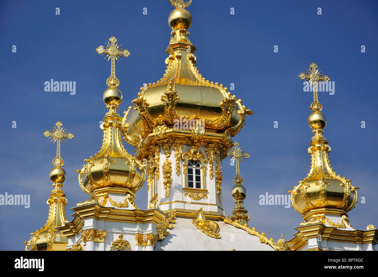 Golden onion domes of West Chapel, Grand Peterhof Palace, Peterhof, Saint Petersburg, Northwestern Region, Russia Stock Photo