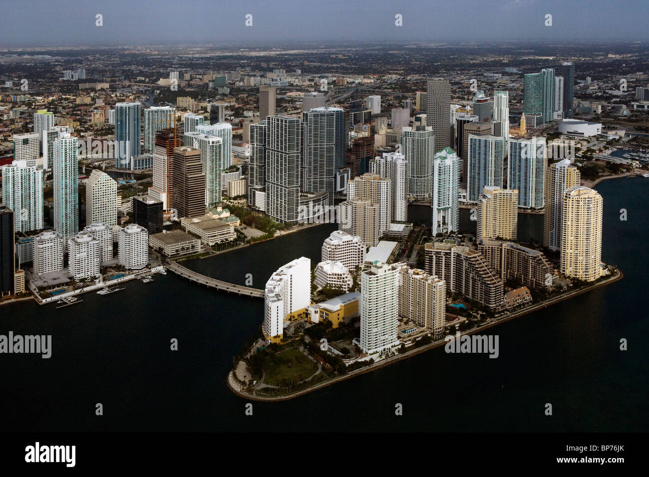 aerial view above Brickell Key downtown Miami Florida Stock Photo