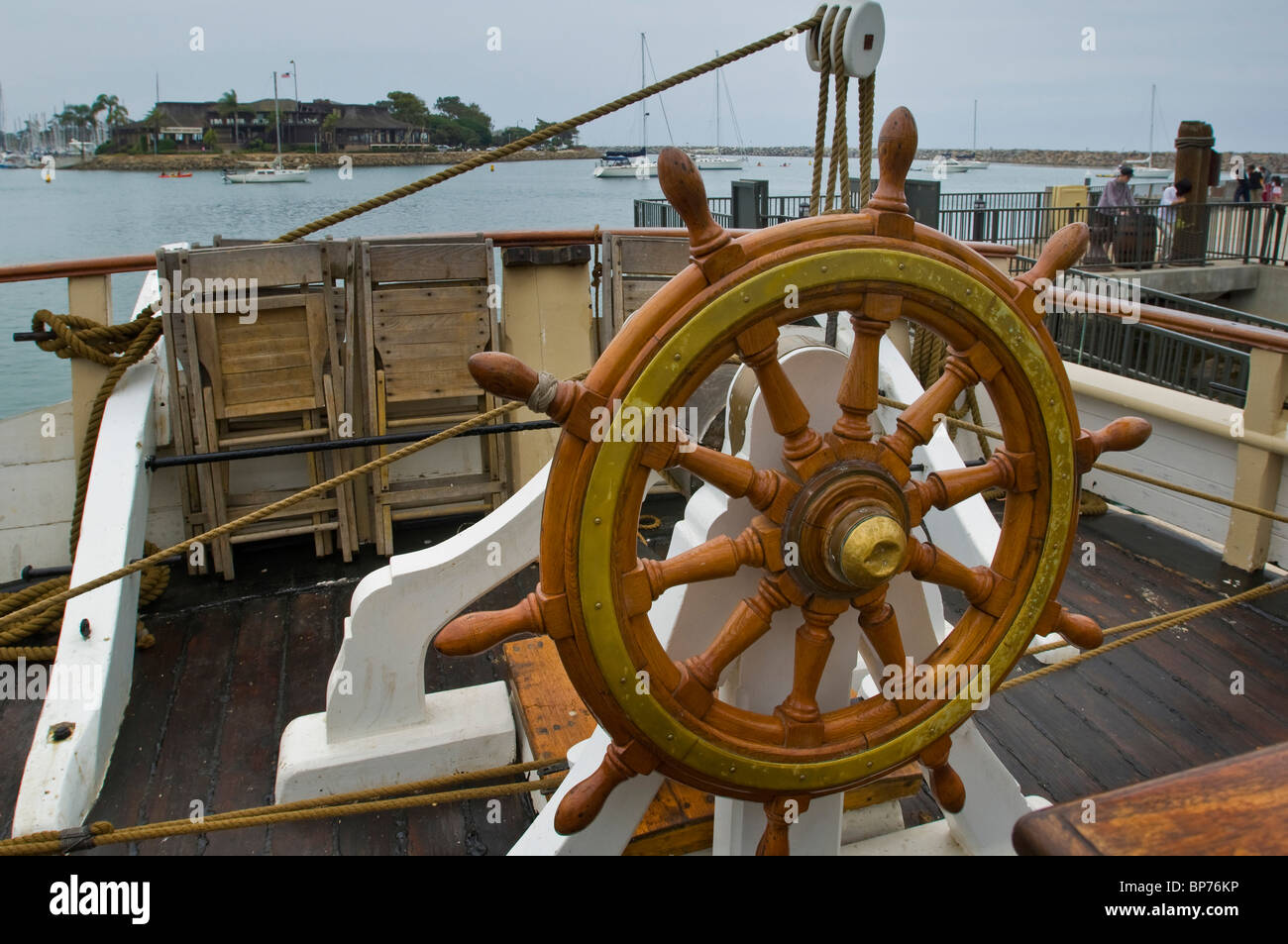 Wooden steering wheel helm aboard The Pilgrim, tall ship ...