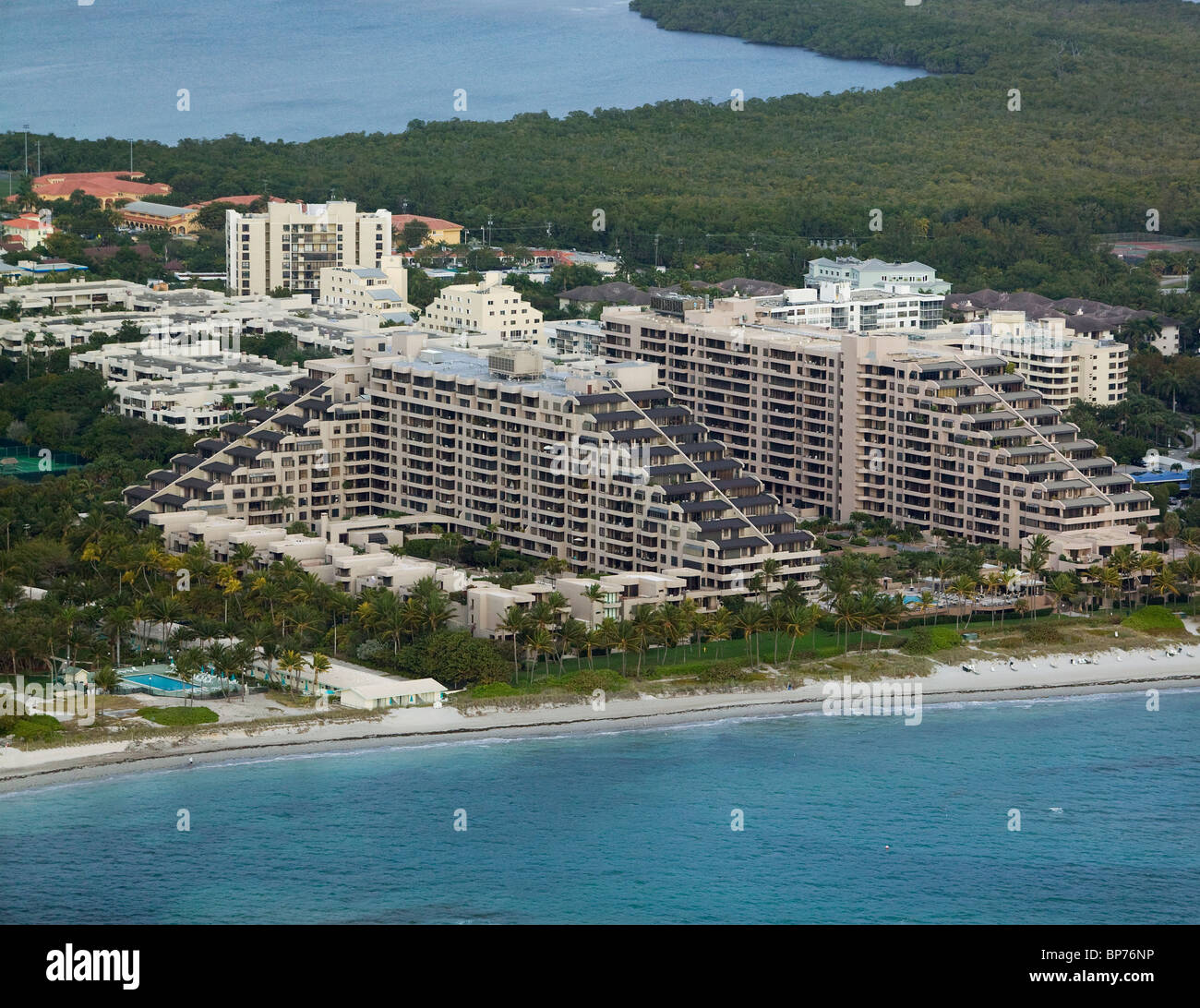 aerial view above Key Colony condominiums Key Biscayne Florida Stock Photo