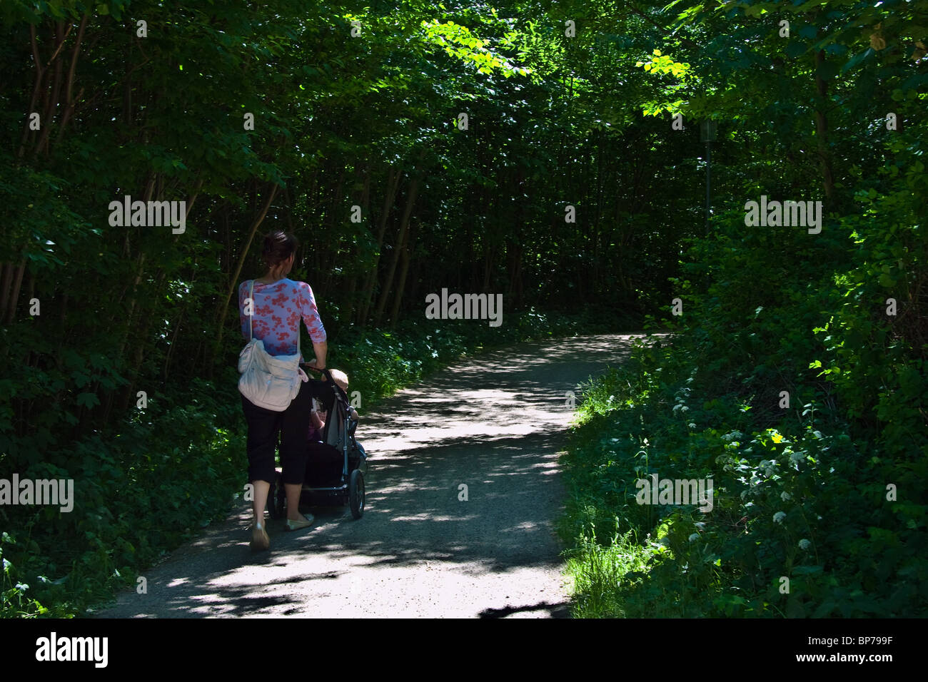 Mother an child in pram walking on forest path on a beautiful summer day ideal for a picnic, sunbeams and shadows. Horizontal Stock Photo