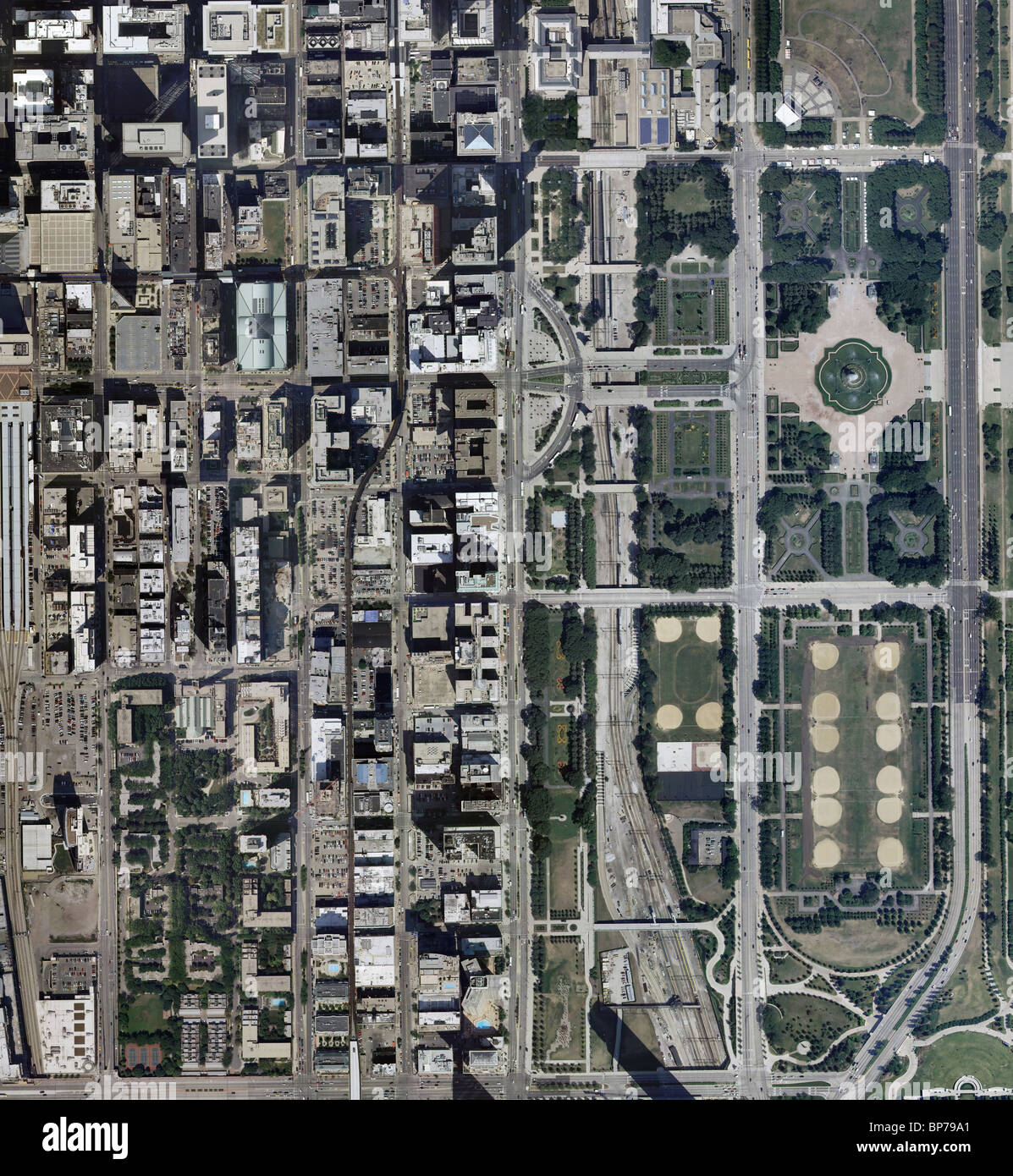 aerial map view above downtown Chicago Illinois Stock Photo