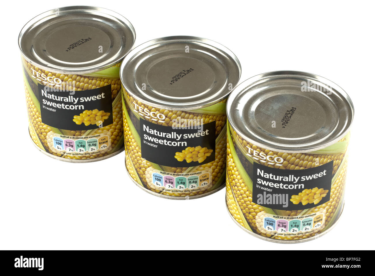 Three cans of Tesco naturally sweet sweetcorn in water Stock Photo Alamy