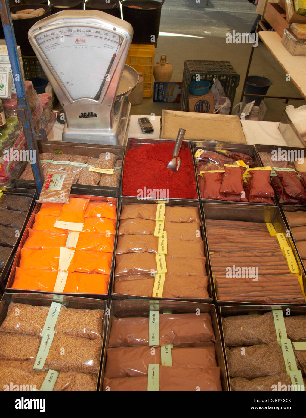 Spices for sale on market stall. El Bosque, Sierra de Cadiz, Andalucia, Spain. Stock Photo