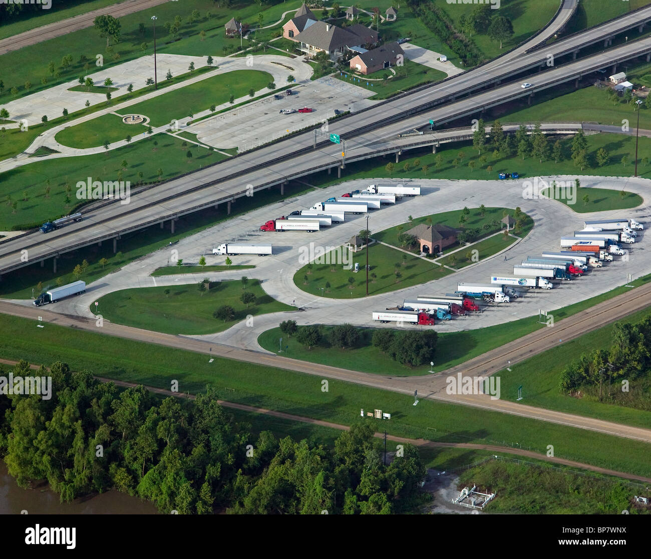 aerial view above truck stop Louisiana Stock Photo