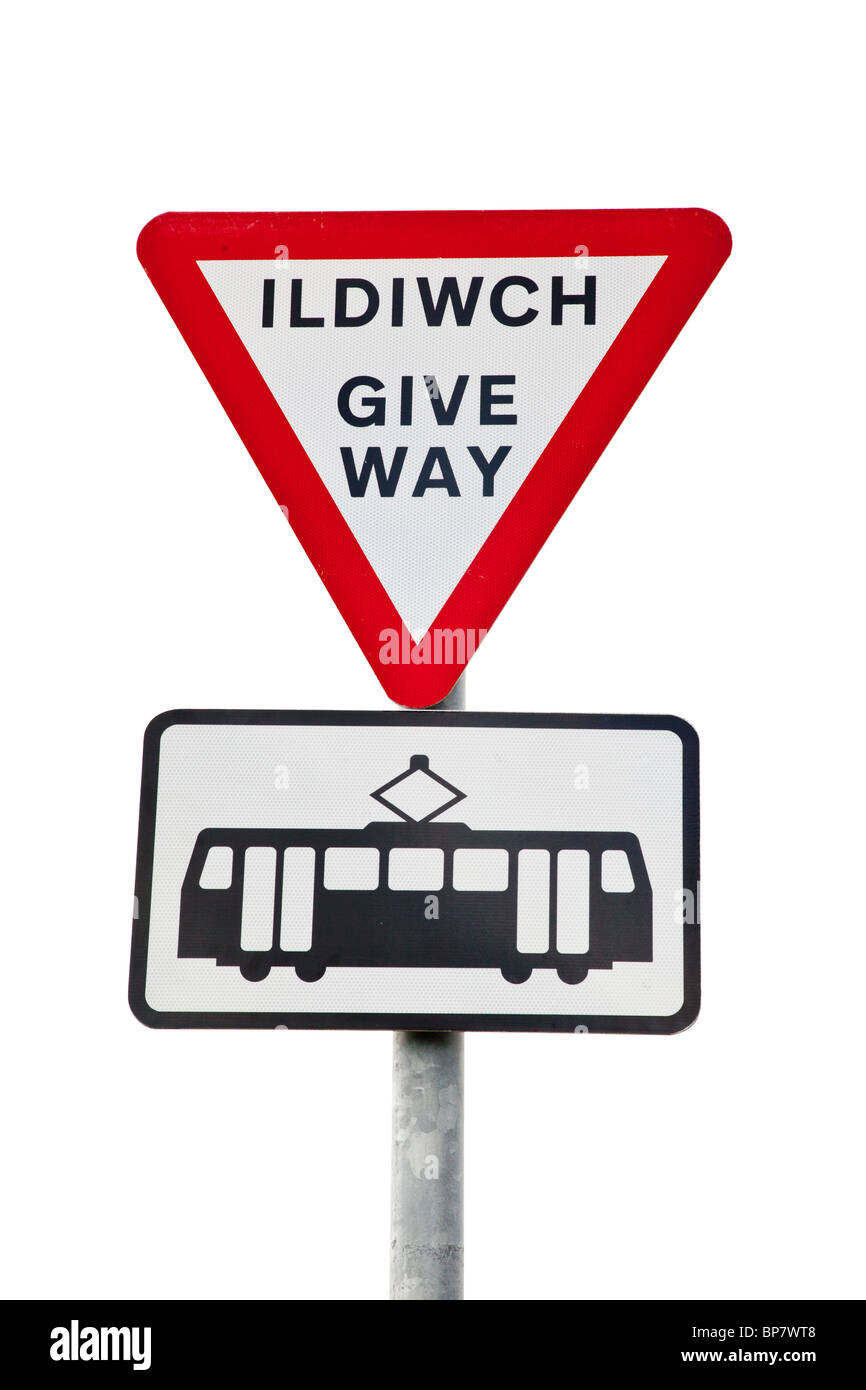 Bilingual 'Give Way' sign at tram crossing, Great Orme, Llandudno, North Wales Stock Photo