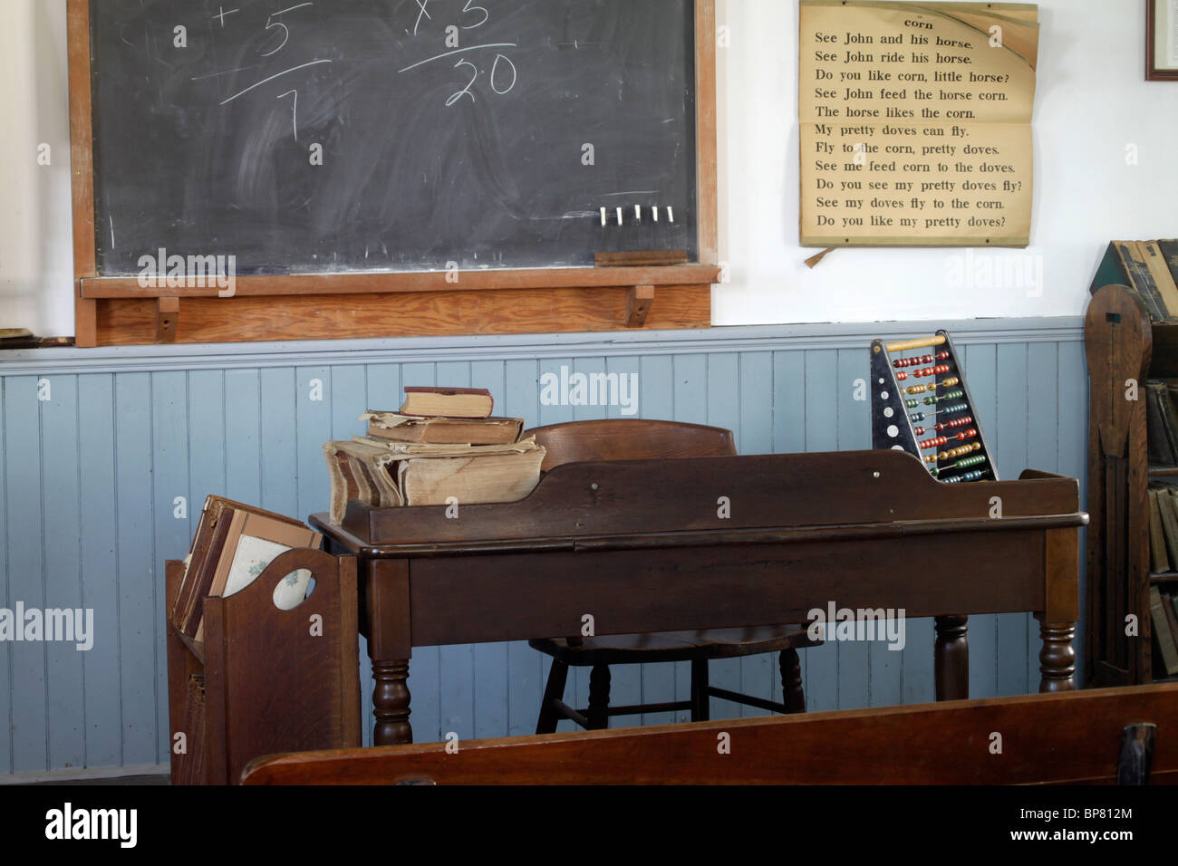 Old Fashion One Room School Teachers Desk And Blackboard Stock