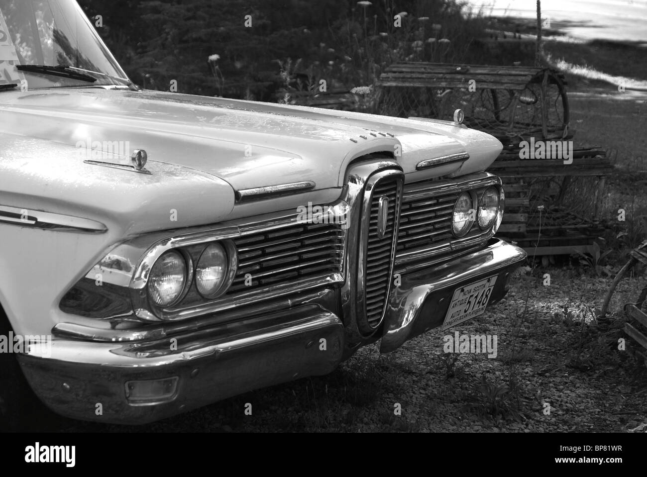 A Ford Edsel bonnet in black and white. Stock Photo
